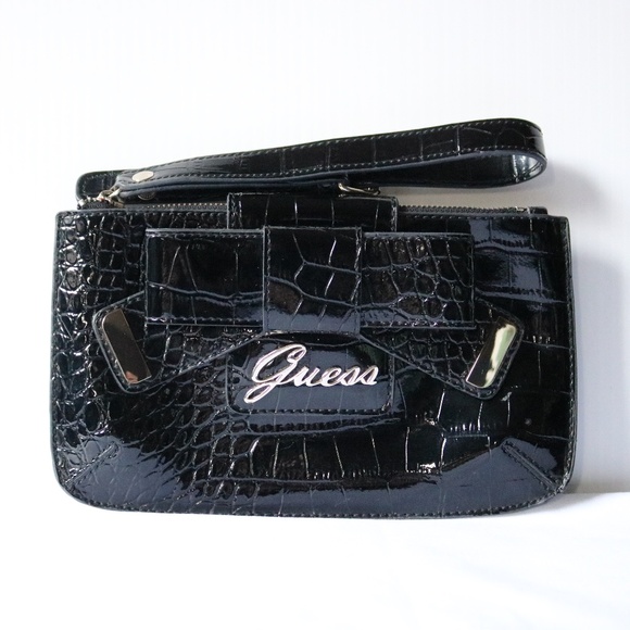 GUESS Black Faux Patent Leather Croc/Alligator Wristlet Clutch Purse Bag Bow - Picture 1 of 10